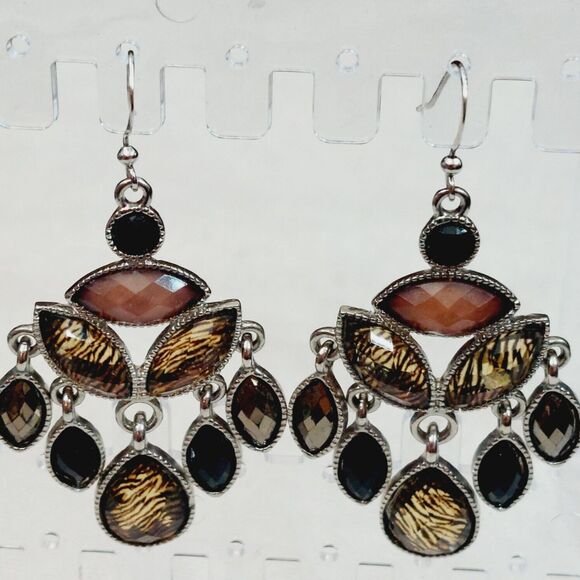 Chandelier Dangle Earrings Animal Print Gold Black Tan Faceted Lightweight - Picture 1 of 6